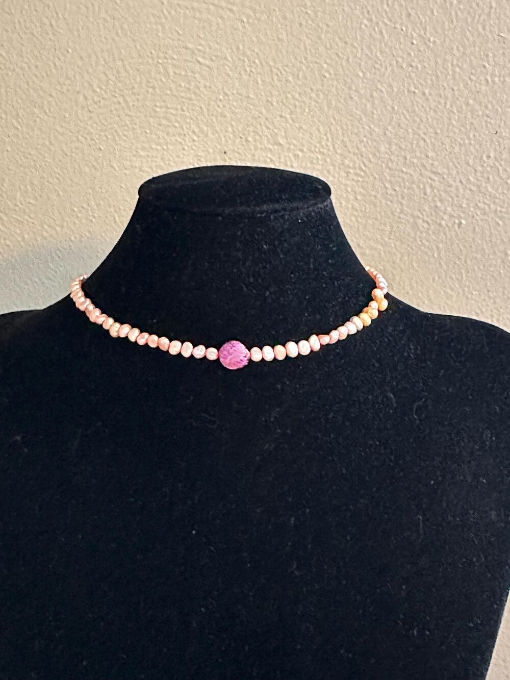 Pink Freshwater Pearl Choker Necklace with Purple Coin Pearl – Handmade 15–18"